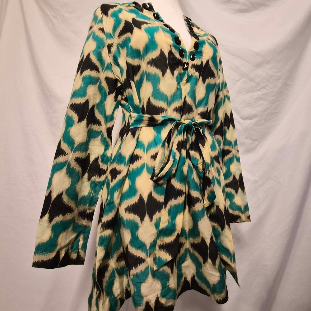 Ted Baker Turquoise Cream Aztec Abstract Luxury Designer Jeweled Tunic Top US 2
